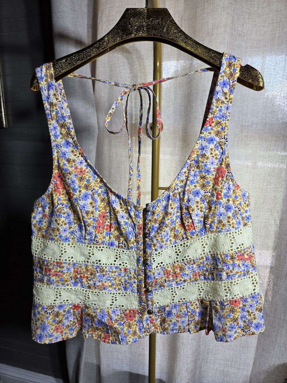 Free People Floral Eyelet Trim Crop Top - Blue, Yellow & Red